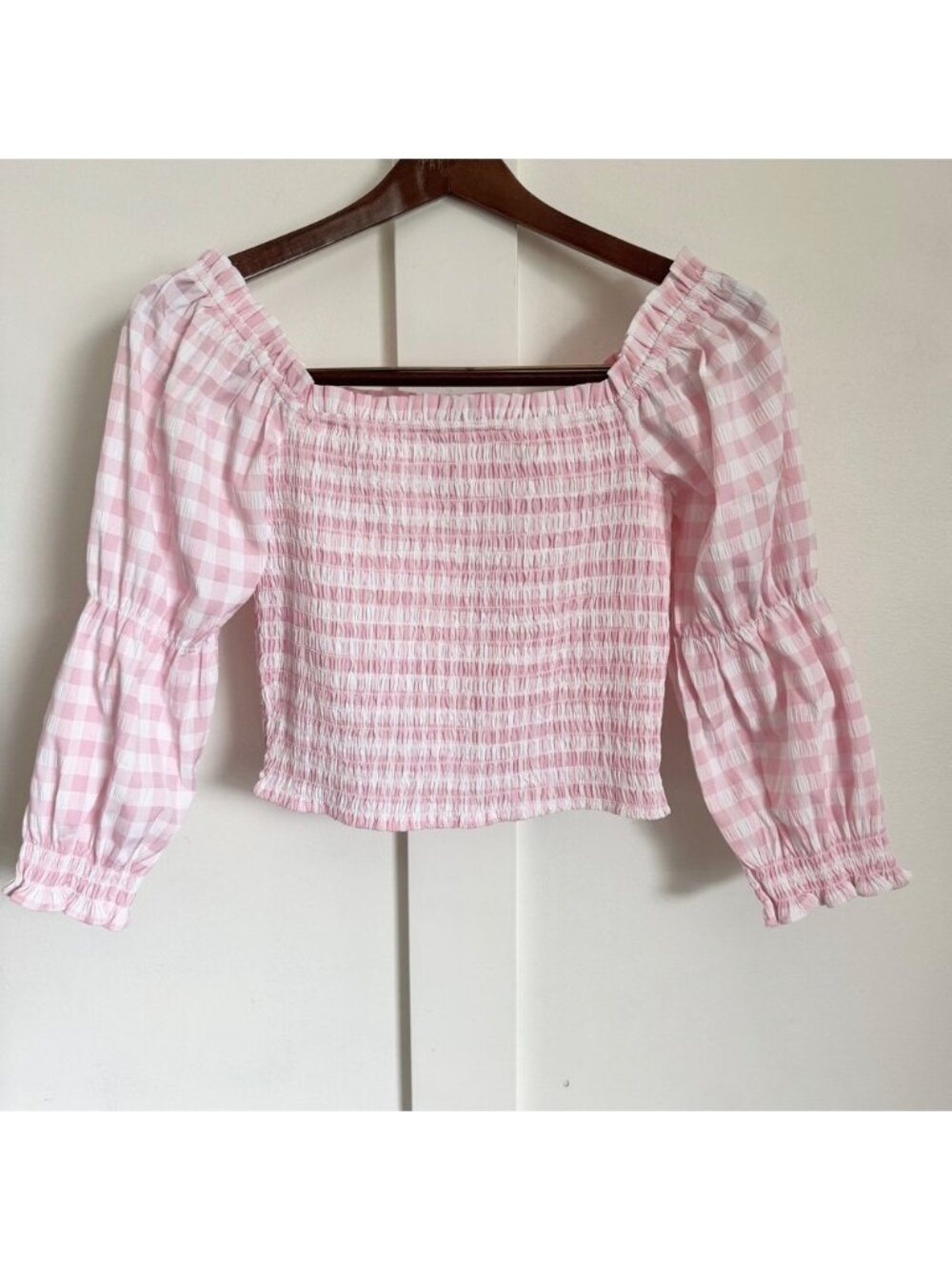 Gingham Smocked Cropped Blouse Puff Sleeves Pink and White